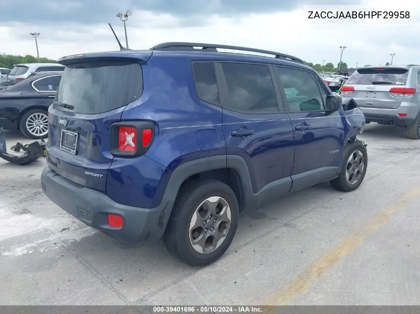 2017 Jeep Renegade Sport Fwd VIN: ZACCJAAB6HPF29958 Lot: 39401696