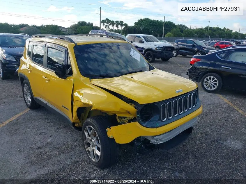 2017 Jeep Renegade Latitude VIN: ZACCJABB0HPF27931 Lot: 39714922