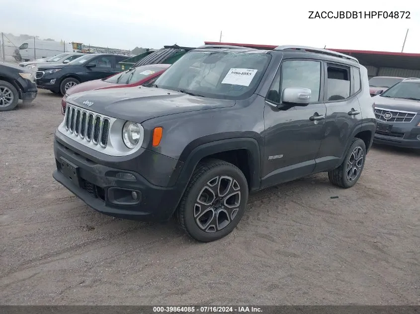 2017 Jeep Renegade Limited 4X4 VIN: ZACCJBDB1HPF04872 Lot: 39864085