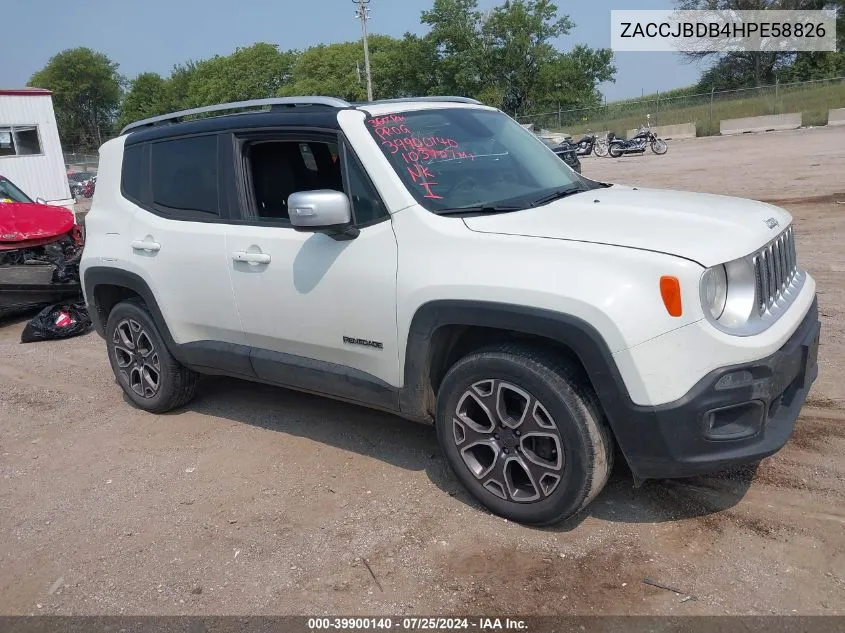 2017 Jeep Renegade Limited 4X4 VIN: ZACCJBDB4HPE58826 Lot: 39900140