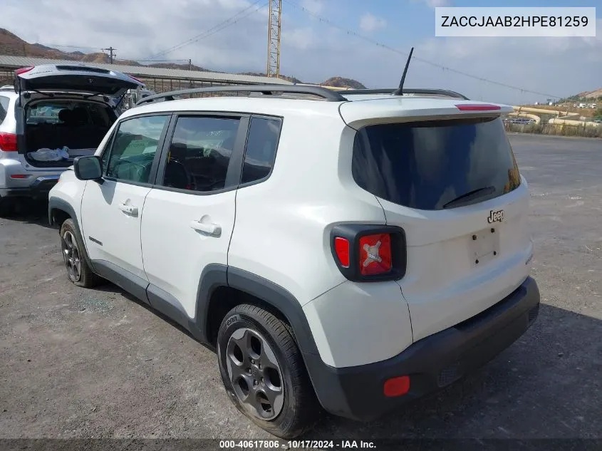 2017 Jeep Renegade Sport VIN: ZACCJAAB2HPE81259 Lot: 40617806