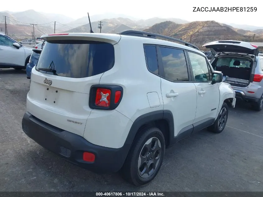 2017 Jeep Renegade Sport VIN: ZACCJAAB2HPE81259 Lot: 40617806