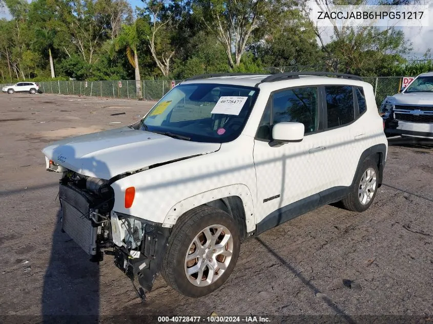 2017 Jeep Renegade Latitude Fwd VIN: ZACCJABB6HPG51217 Lot: 40728477