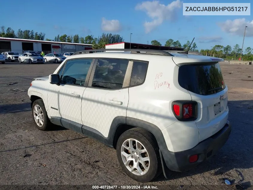 2017 Jeep Renegade Latitude Fwd VIN: ZACCJABB6HPG51217 Lot: 40728477