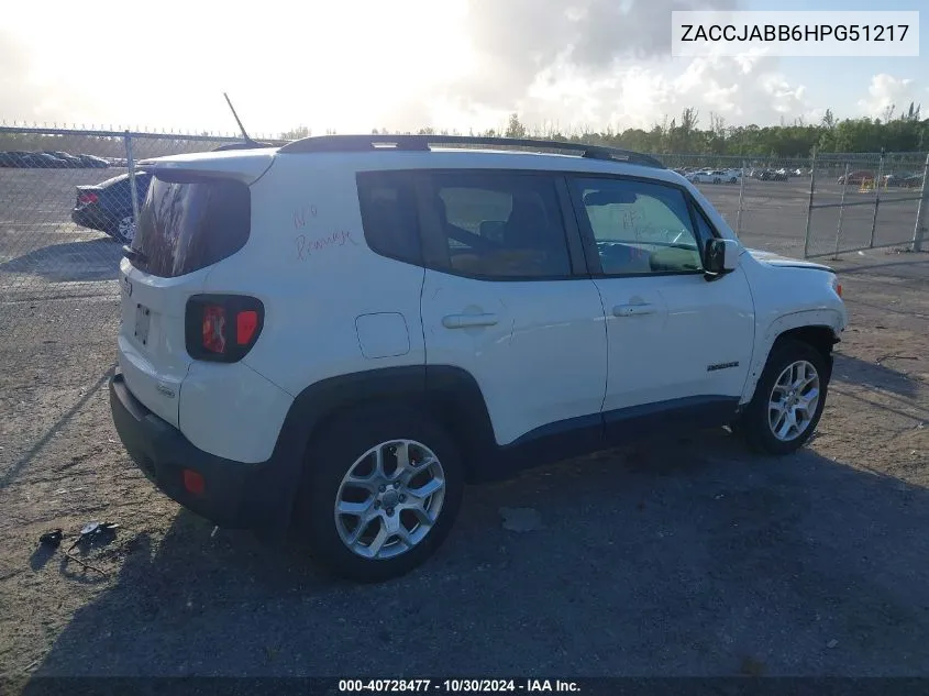 2017 Jeep Renegade Latitude Fwd VIN: ZACCJABB6HPG51217 Lot: 40728477