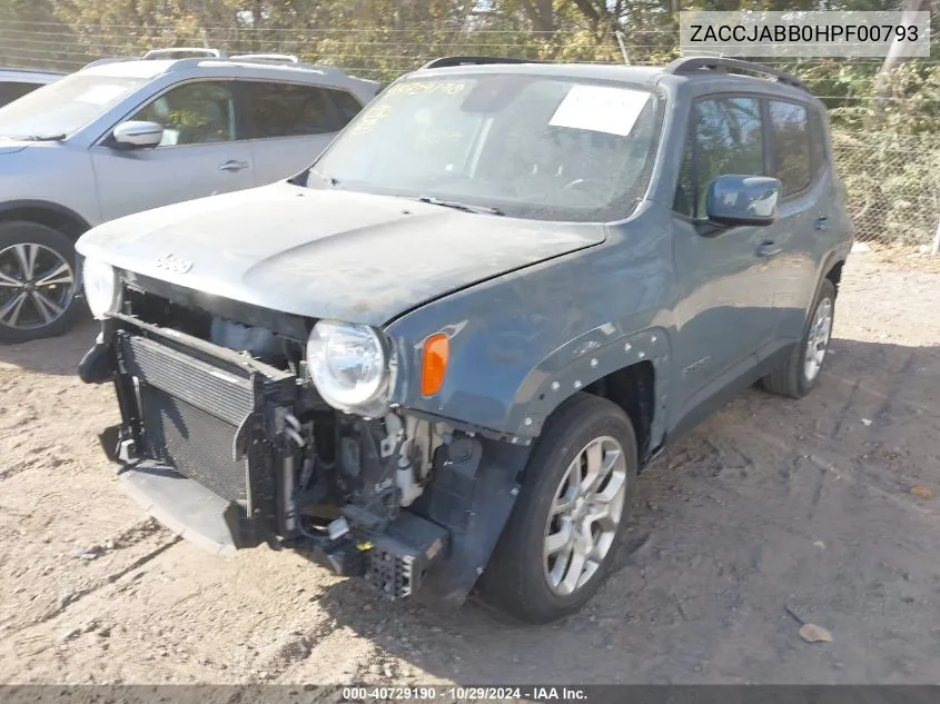 2017 Jeep Renegade Latitude Fwd VIN: ZACCJABB0HPF00793 Lot: 40729190