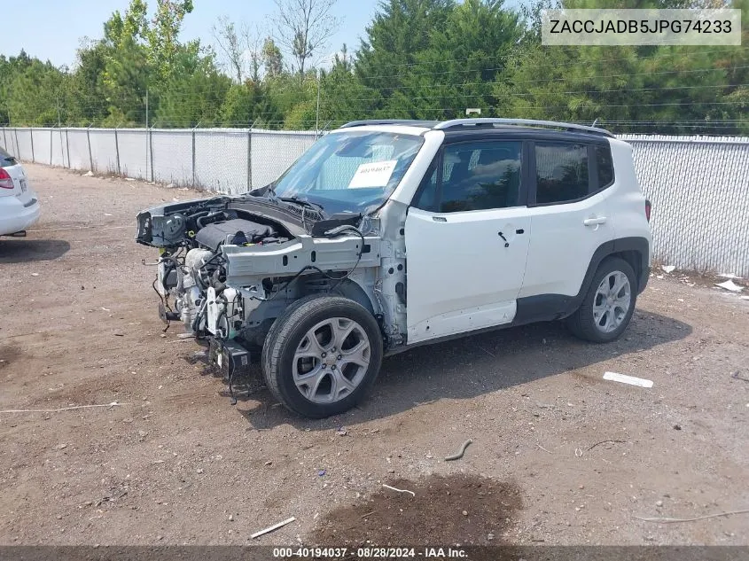 2018 Jeep Renegade Limited Fwd VIN: ZACCJADB5JPG74233 Lot: 40194037