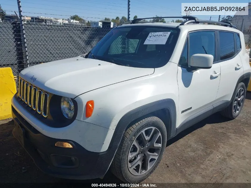 2018 Jeep Renegade Latitude Fwd VIN: ZACCJABB5JPG92864 Lot: 40494926