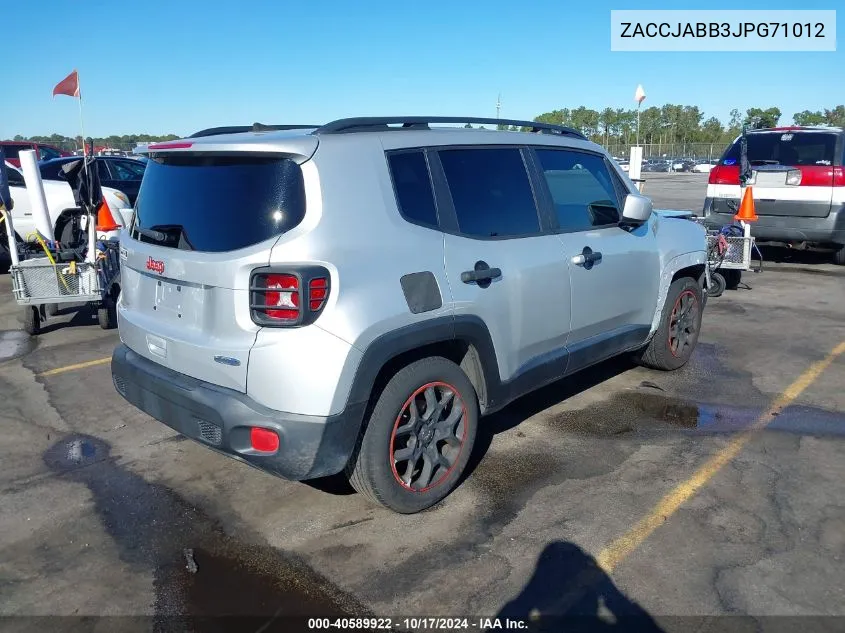 2018 Jeep Renegade Latitude Fwd VIN: ZACCJABB3JPG71012 Lot: 40589922