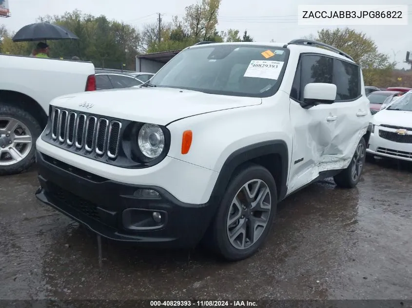 2018 Jeep Renegade Latitude Fwd VIN: ZACCJABB3JPG86822 Lot: 40829393