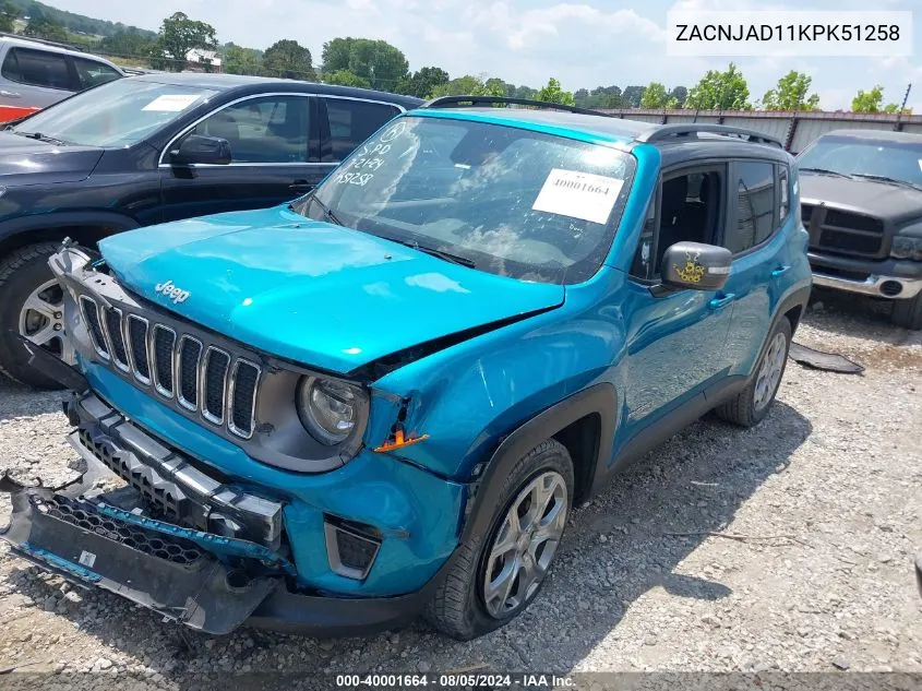 2019 Jeep Renegade Limited Fwd VIN: ZACNJAD11KPK51258 Lot: 40001664