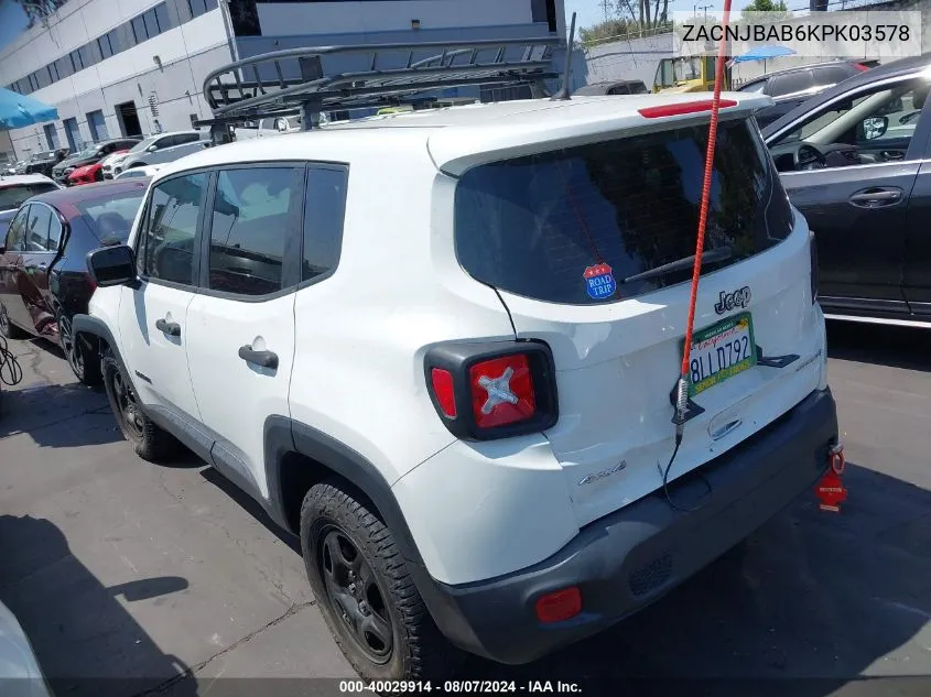 2019 Jeep Renegade Sport 4X4 VIN: ZACNJBAB6KPK03578 Lot: 40029914