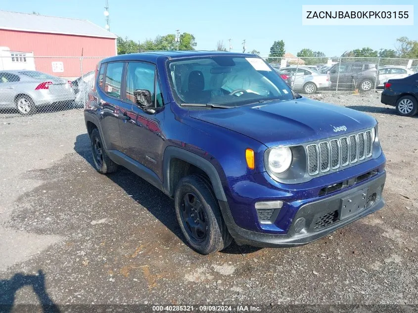 2019 Jeep Renegade Sport 4X4 VIN: ZACNJBAB0KPK03155 Lot: 40285321