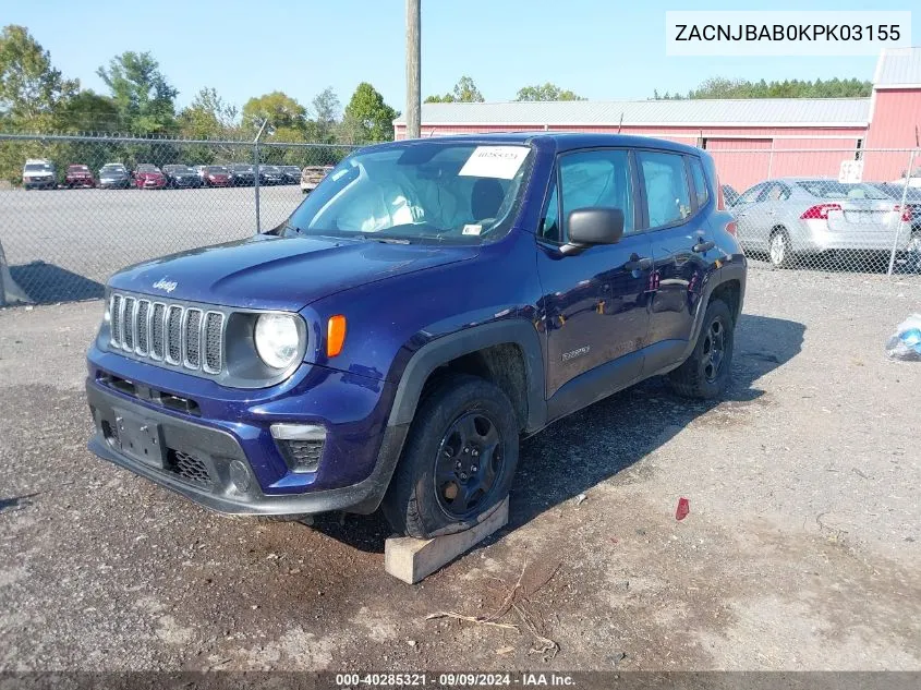 2019 Jeep Renegade Sport 4X4 VIN: ZACNJBAB0KPK03155 Lot: 40285321