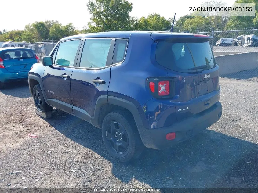 2019 Jeep Renegade Sport 4X4 VIN: ZACNJBAB0KPK03155 Lot: 40285321