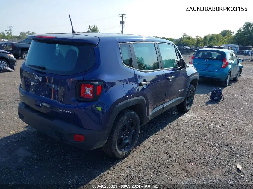 2019 Jeep Renegade Sport 4X4 VIN: ZACNJBAB0KPK03155 Lot: 40285321