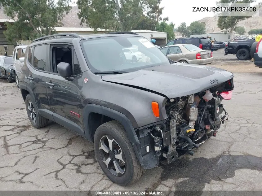 2019 Jeep Renegade Trailhawk 4X4 VIN: ZACNJBC17KPK38408 Lot: 40339481