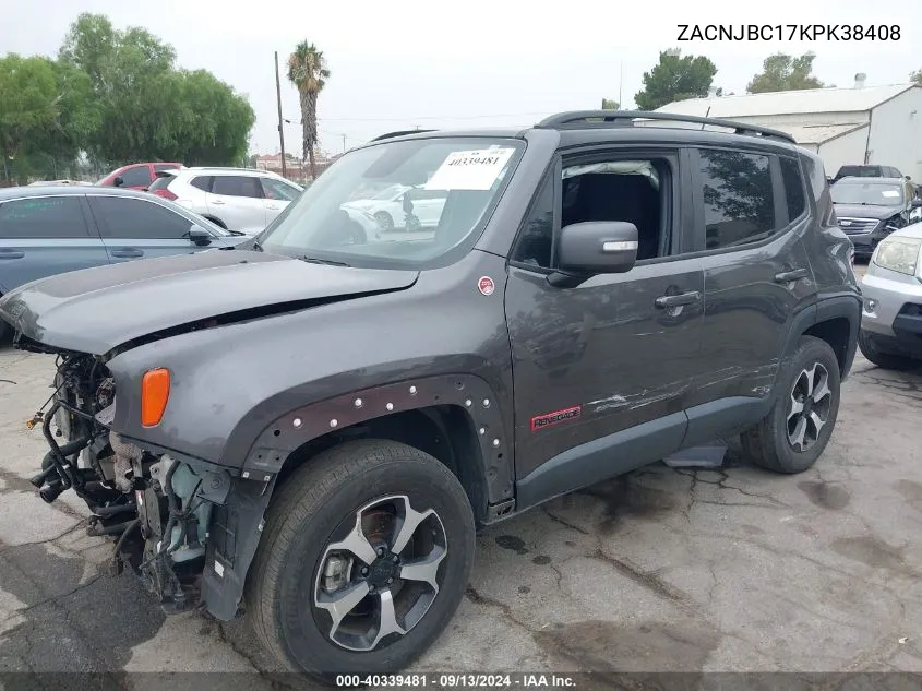 2019 Jeep Renegade Trailhawk 4X4 VIN: ZACNJBC17KPK38408 Lot: 40339481