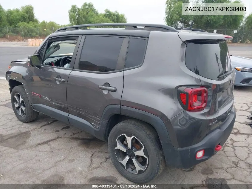 2019 Jeep Renegade Trailhawk 4X4 VIN: ZACNJBC17KPK38408 Lot: 40339481