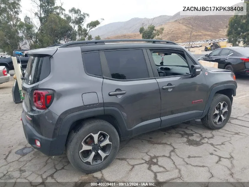 2019 Jeep Renegade Trailhawk 4X4 VIN: ZACNJBC17KPK38408 Lot: 40339481