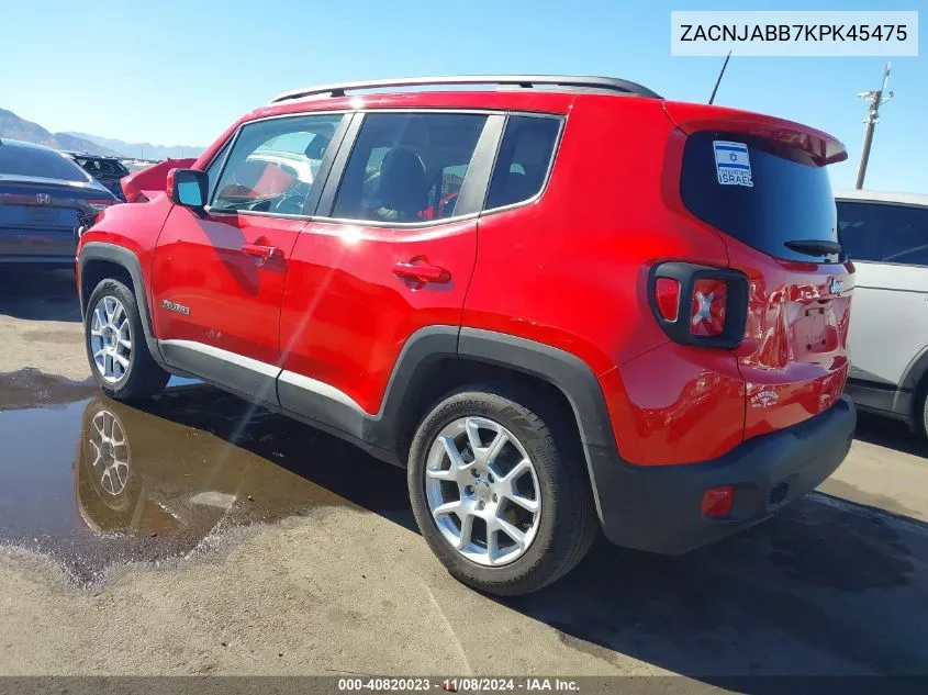 2019 Jeep Renegade Latitude Fwd VIN: ZACNJABB7KPK45475 Lot: 40820023