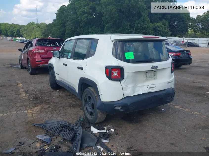 2020 Jeep Renegade Sport Fwd VIN: ZACNJAAB8LPL16038 Lot: 40168242