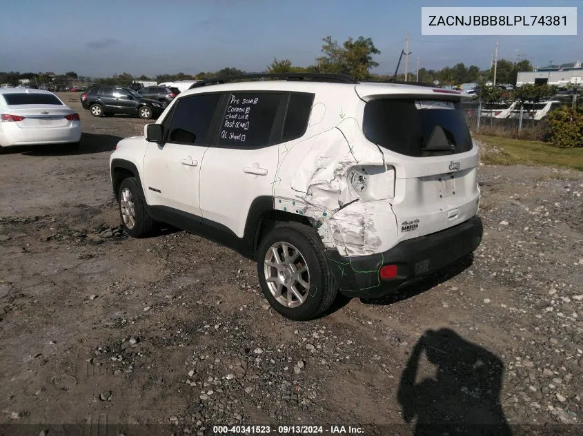 2020 Jeep Renegade Latitude VIN: ZACNJBBB8LPL74381 Lot: 40341523