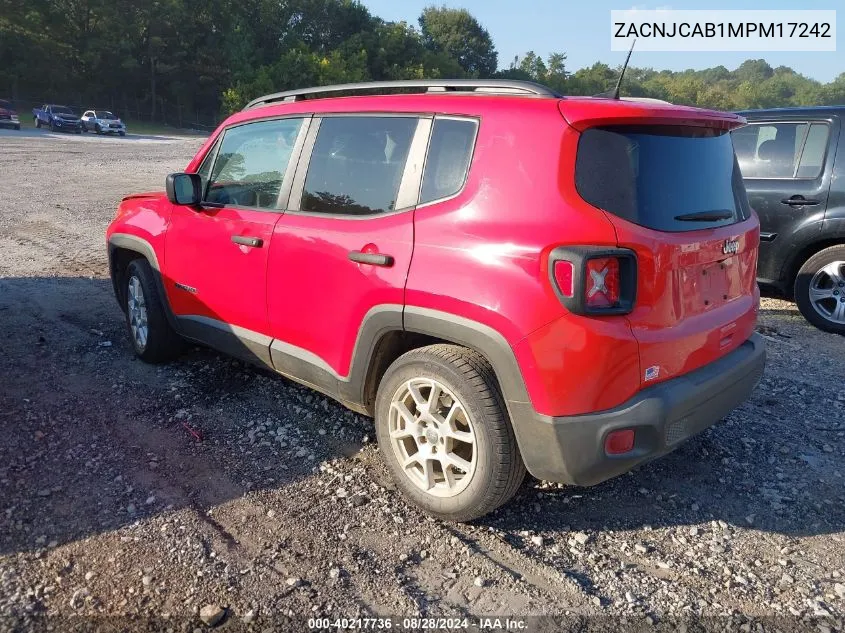 2021 Jeep Renegade Sport Fwd VIN: ZACNJCAB1MPM17242 Lot: 40217736