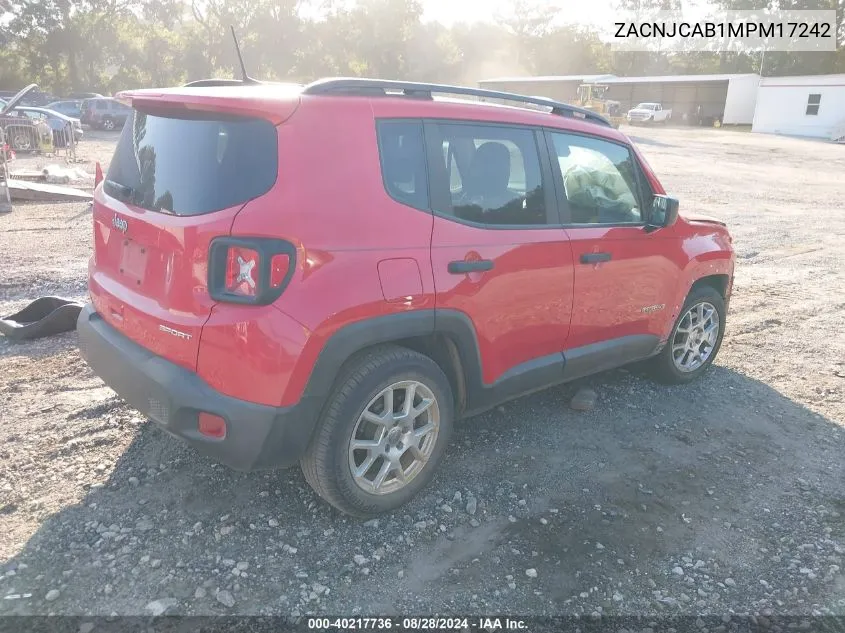 2021 Jeep Renegade Sport Fwd VIN: ZACNJCAB1MPM17242 Lot: 40217736