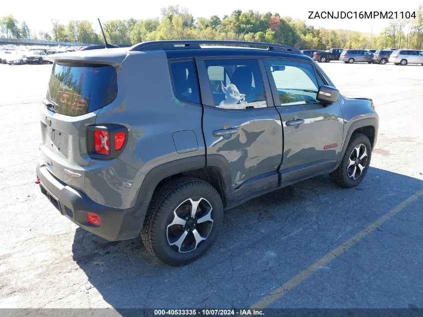 2021 Jeep Renegade Trailhawk 4X4 VIN: ZACNJDC16MPM21104 Lot: 40533335