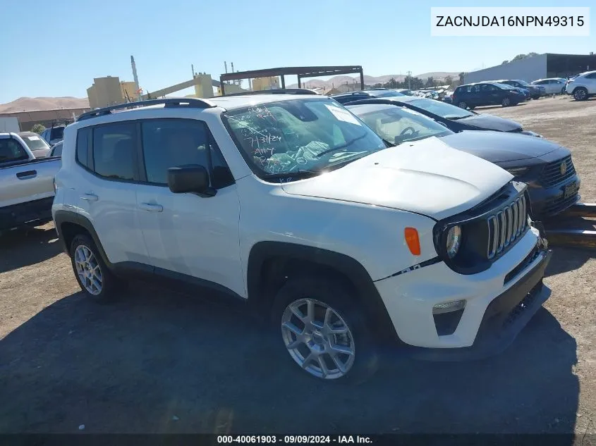 2022 Jeep Renegade Sport 4X4 VIN: ZACNJDA16NPN49315 Lot: 40061903