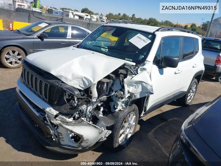 ZACNJDA16NPN49315 2022 Jeep Renegade Sport 4X4