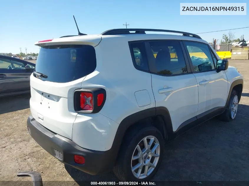 2022 Jeep Renegade Sport 4X4 VIN: ZACNJDA16NPN49315 Lot: 40061903