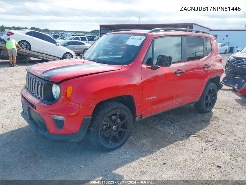 2022 Jeep Renegade Latitude 4X4 VIN: ZACNJDB17NPN81446 Lot: 40118223