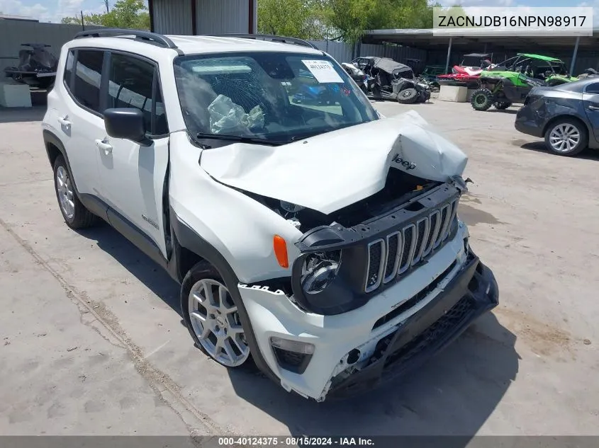 2022 Jeep Renegade Latitude 4X4 VIN: ZACNJDB16NPN98917 Lot: 40124375