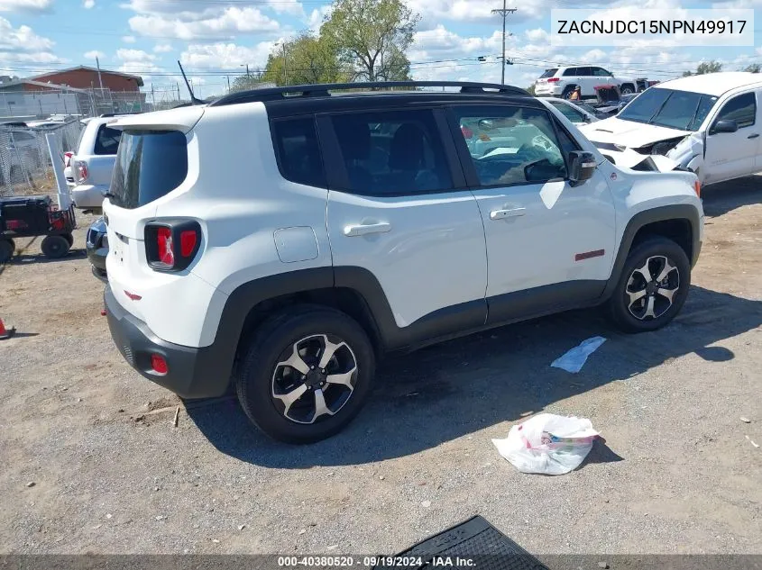 2022 Jeep Renegade Trailhawk 4X4 VIN: ZACNJDC15NPN49917 Lot: 40380520