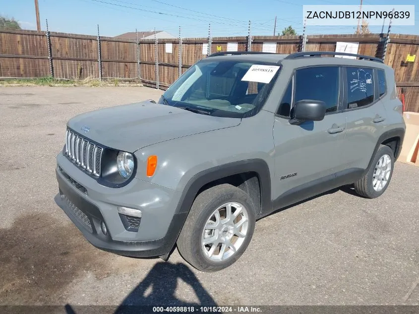 2022 Jeep Renegade Latitude 4X4 VIN: ZACNJDB12NPN96839 Lot: 40598818