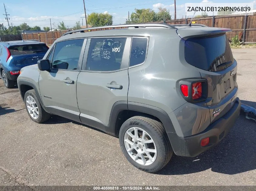 2022 Jeep Renegade Latitude 4X4 VIN: ZACNJDB12NPN96839 Lot: 40598818