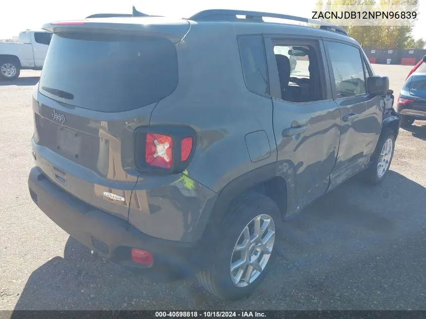 2022 Jeep Renegade Latitude 4X4 VIN: ZACNJDB12NPN96839 Lot: 40598818