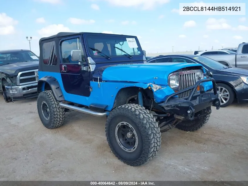 1987 Jeep Wrangler Laredo VIN: 2BCCL8144HB514921 Lot: 40064642