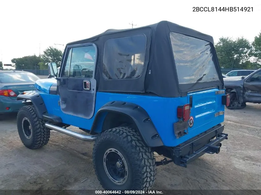 1987 Jeep Wrangler Laredo VIN: 2BCCL8144HB514921 Lot: 40064642