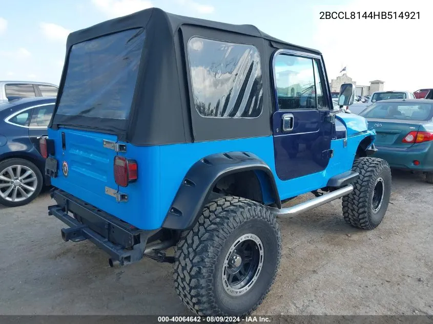 1987 Jeep Wrangler Laredo VIN: 2BCCL8144HB514921 Lot: 40064642