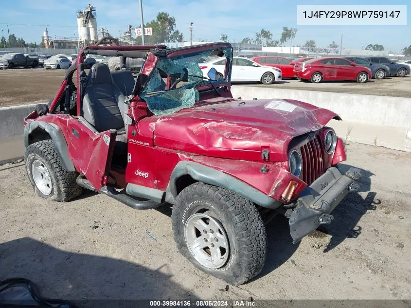 1998 Jeep Wrangler Se VIN: 1J4FY29P8WP759147 Lot: 39984136