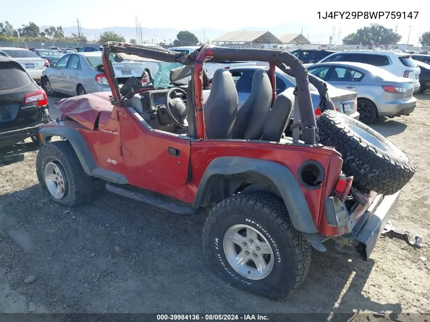 1998 Jeep Wrangler Se VIN: 1J4FY29P8WP759147 Lot: 39984136