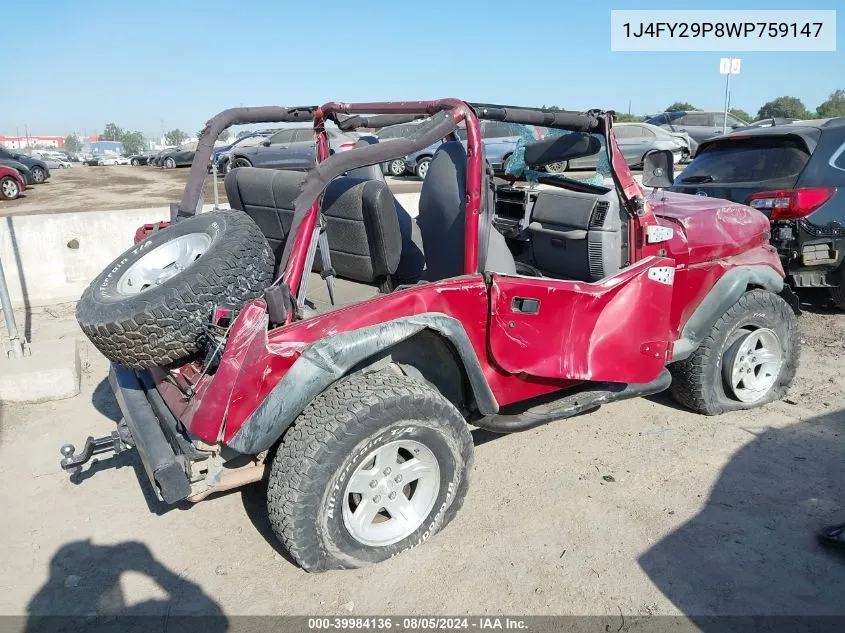 1998 Jeep Wrangler Se VIN: 1J4FY29P8WP759147 Lot: 39984136