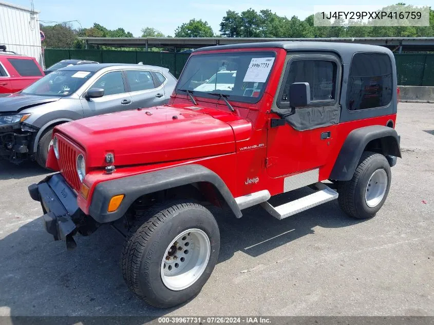 1999 Jeep Wrangler Se VIN: 1J4FY29PXXP416759 Lot: 39967731