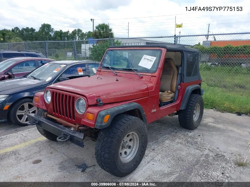 2000 Jeep Wrangler Sport VIN: 1J4FA49S7YP775153 Lot: 39906006