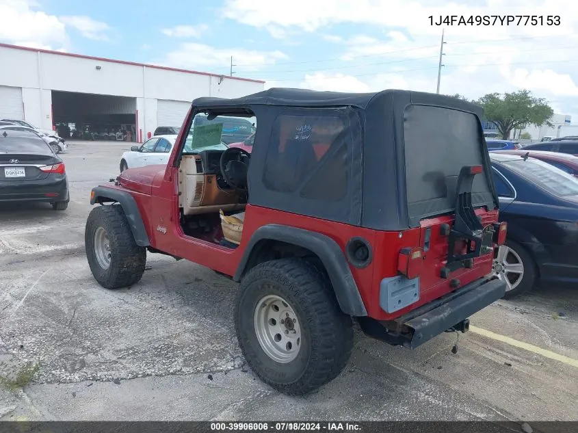 2000 Jeep Wrangler Sport VIN: 1J4FA49S7YP775153 Lot: 39906006