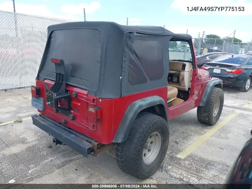 2000 Jeep Wrangler Sport VIN: 1J4FA49S7YP775153 Lot: 39906006