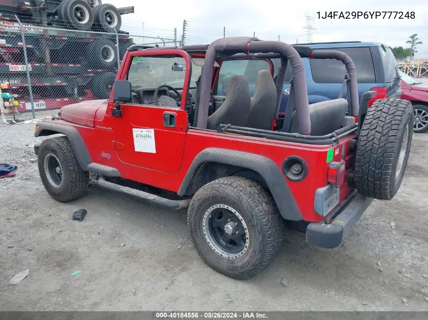 2000 Jeep Wrangler Se VIN: 1J4FA29P6YP777248 Lot: 40184556